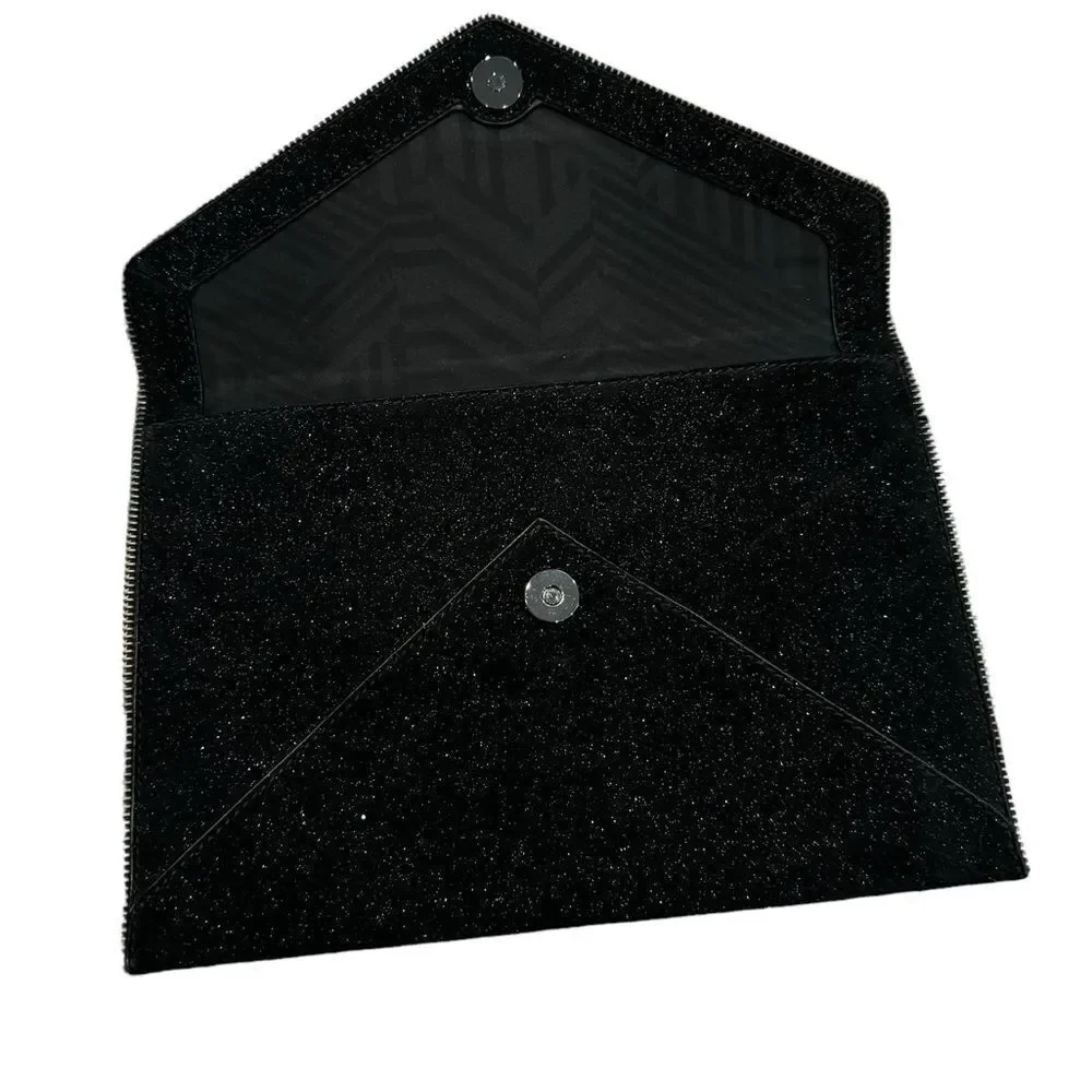 Rebecca Minkoff Glitter Suede Envelope Clutch in Black with Gold Zipper Trim